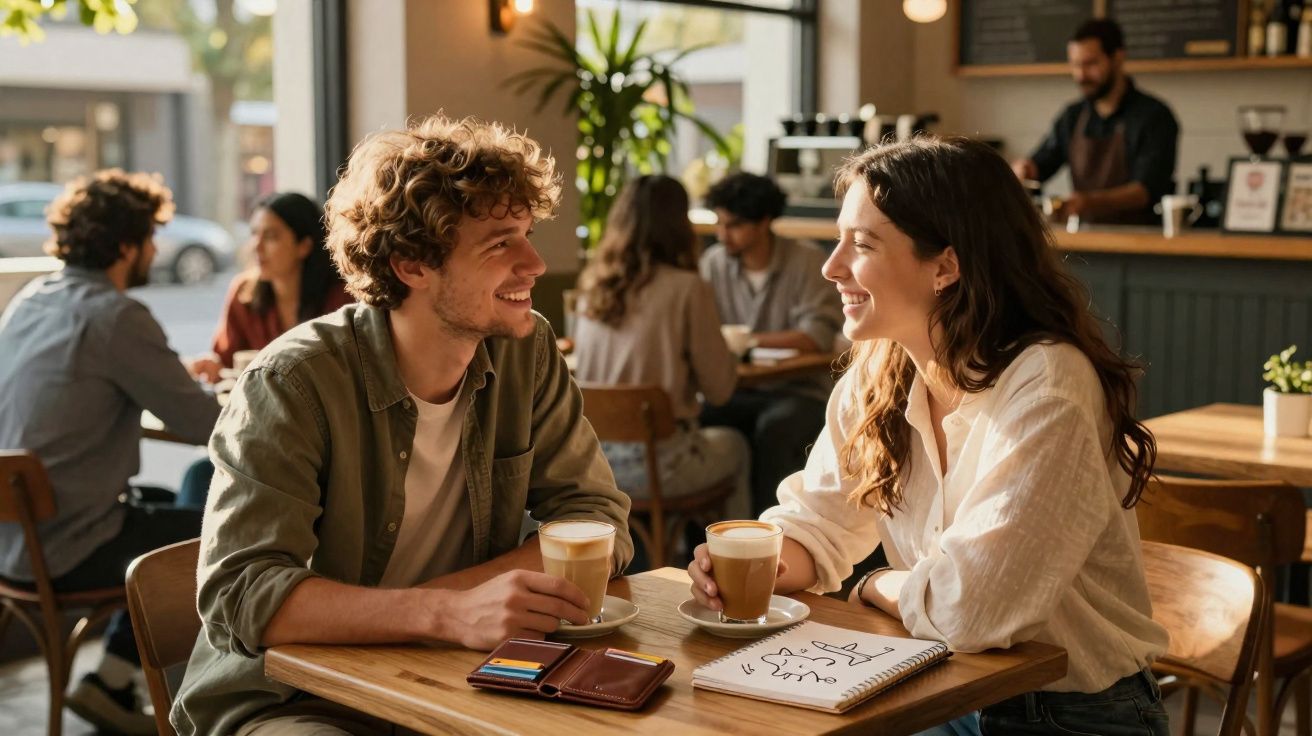 Jeune homme et femme souriants discutant autour de cafés dans un café chaleureux et animé.