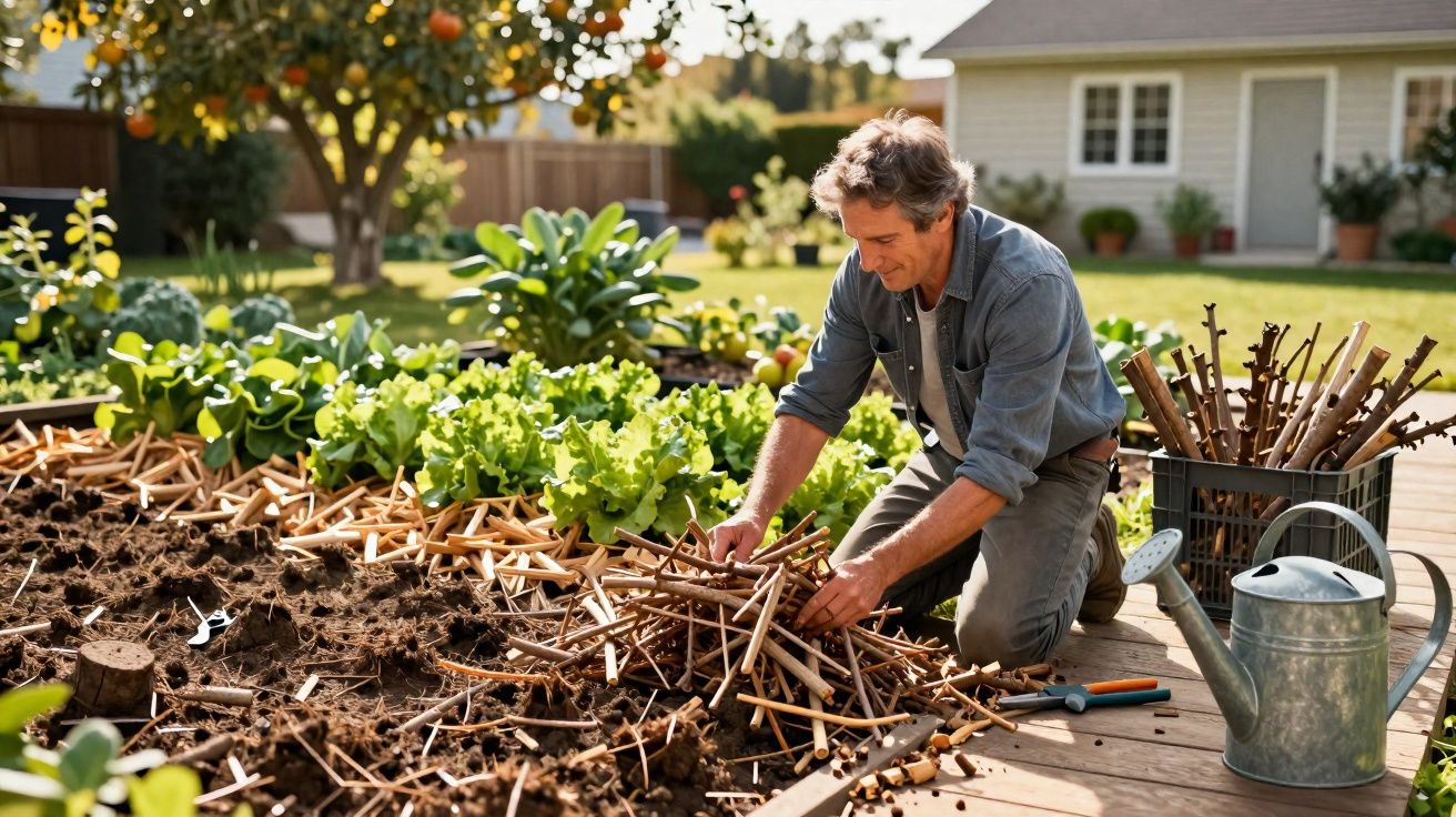 Homme jardinant dans un potager avec des plants de légumes et outils au soleil.