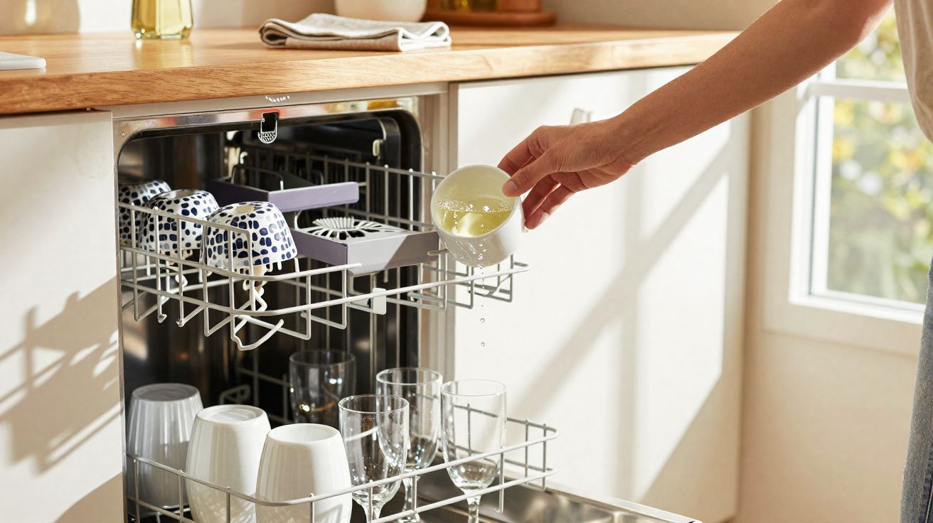 Une main place une tasse vide dans un lave-vaisselle ouvert rempli de verres et tasses dans une cuisine lumineuse.
