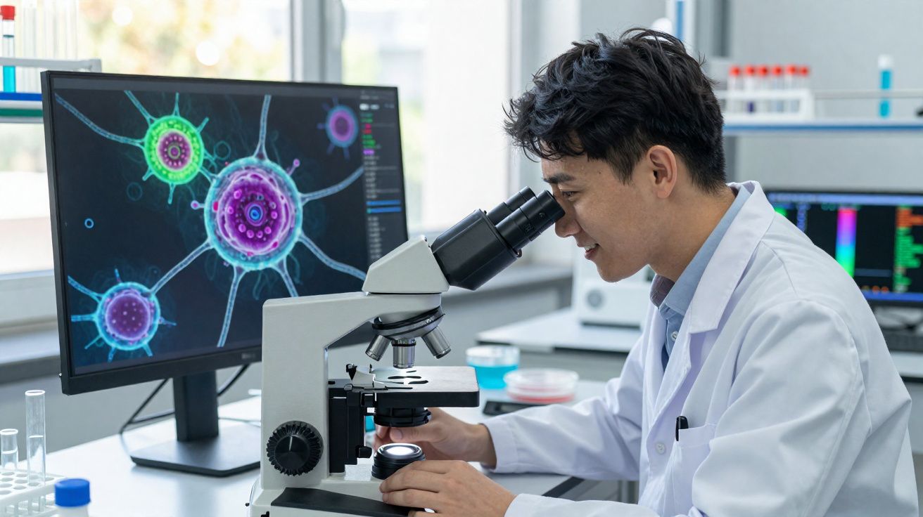 Chercheur en blouse blanche observant des cellules colorées au microscope dans un laboratoire moderne.