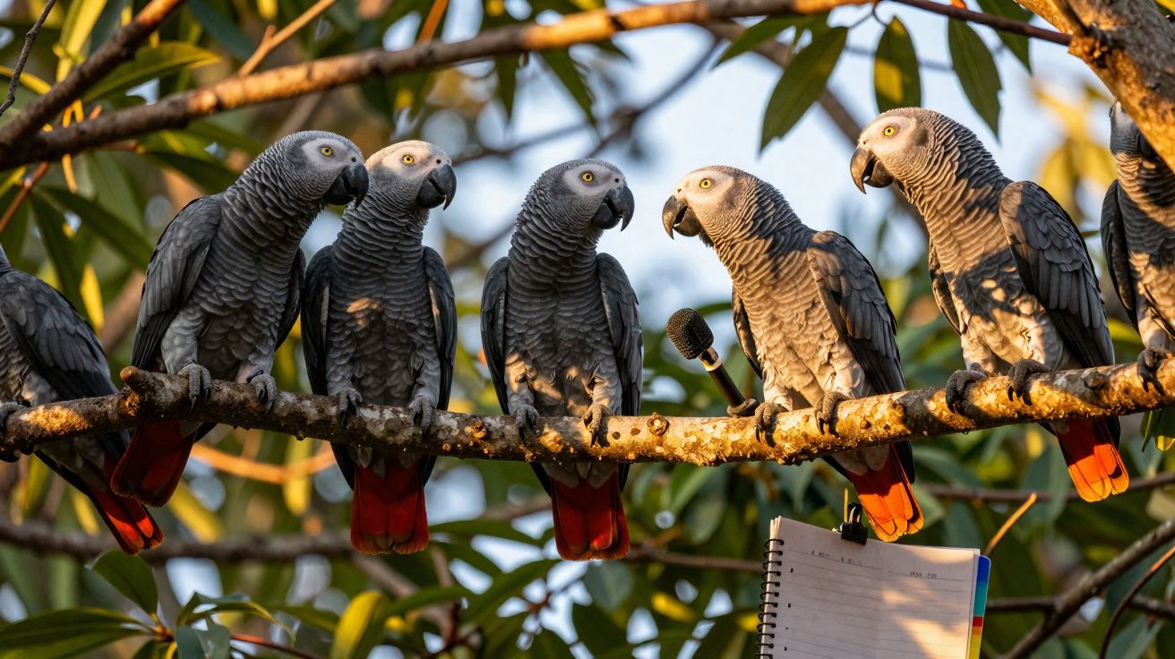 Cinq perroquets gris perchés sur une branche, un micro tenu par l'un d'eux, carnet suspendu en dessous.