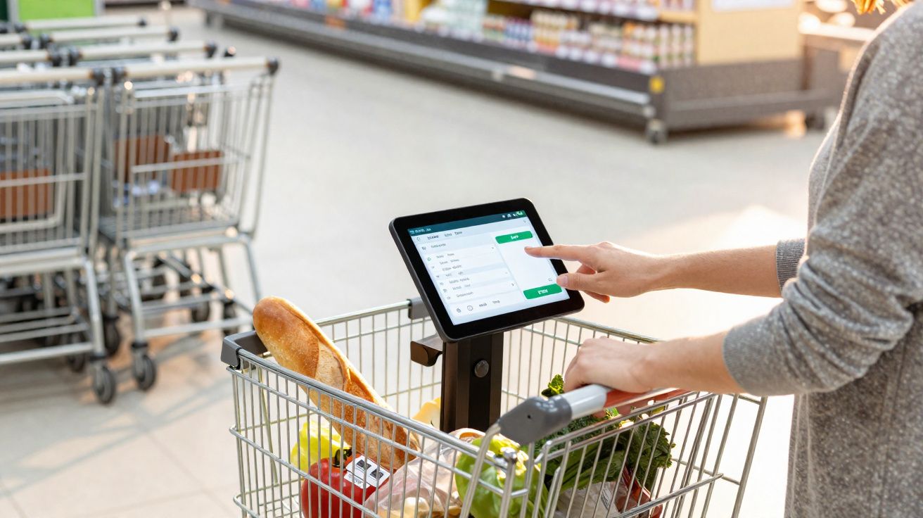 Personne utilisant un écran tactile fixé à un chariot de supermarché rempli de courses variées.