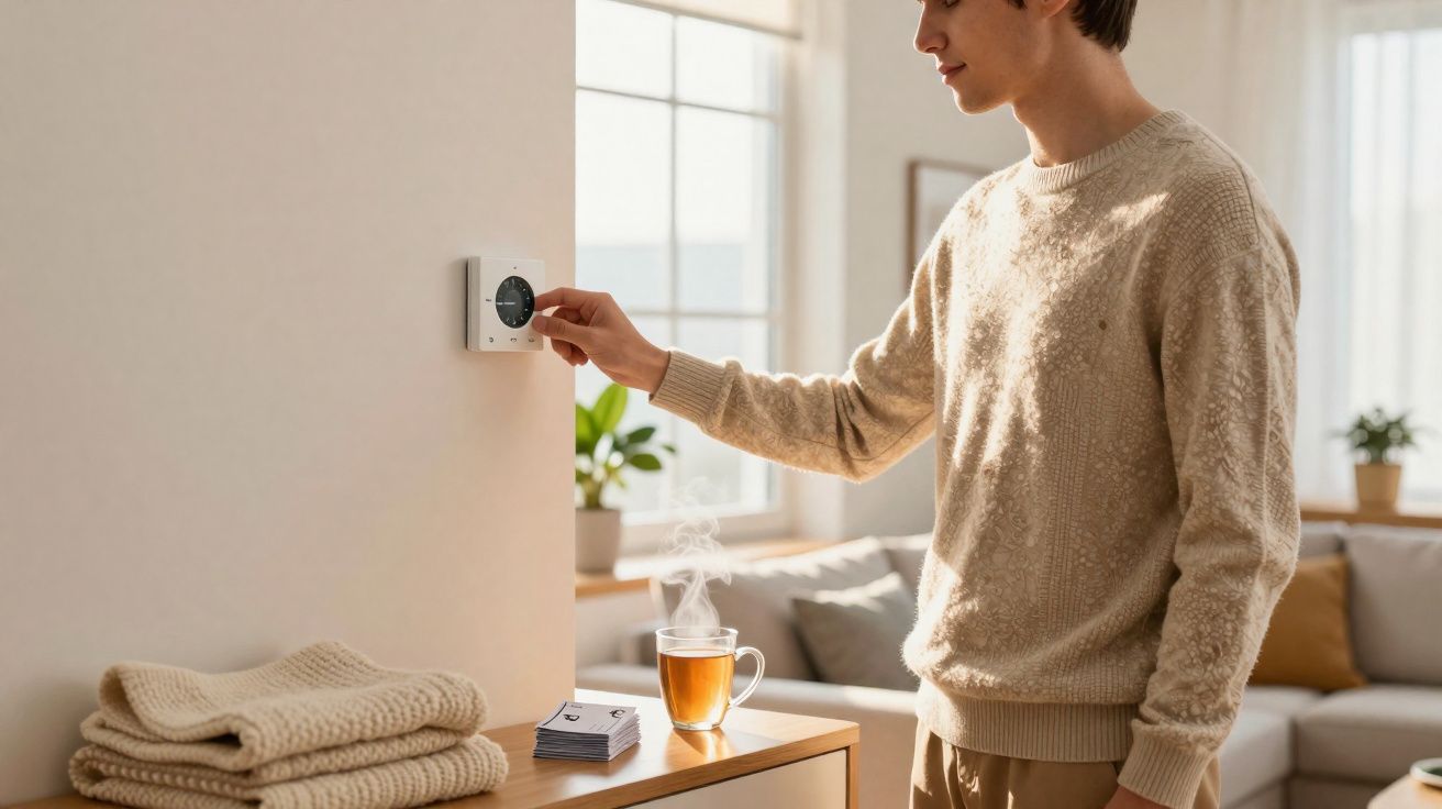 Jeune homme ajustant le thermostat mural dans un salon lumineux avec tasse de thé fumant sur une commode.