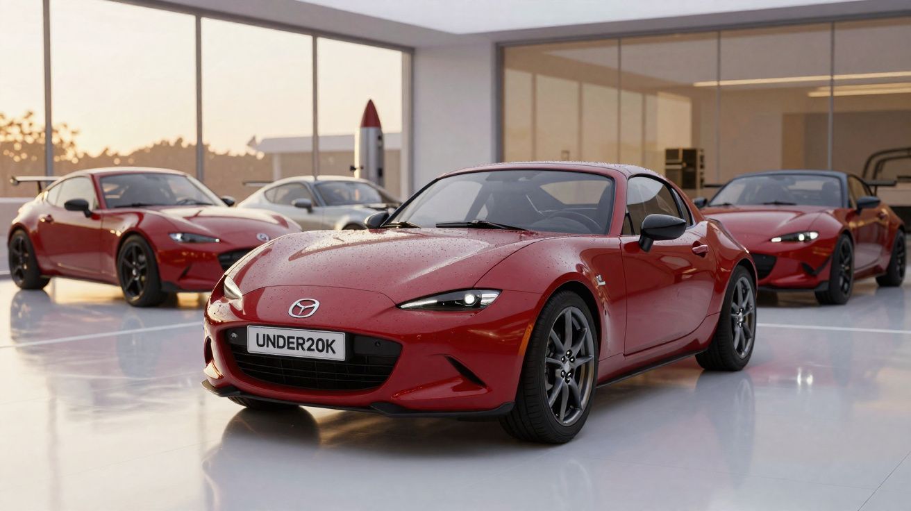 Quatre voitures de sport Mazda MX-5 rouges et blanches alignées dans un showroom moderne et lumineux.