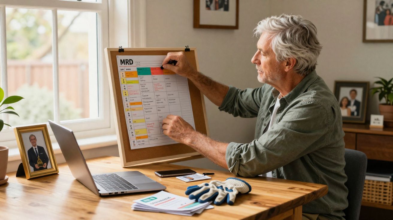 Homme âgé notant sur un tableau de planning en couleur dans une pièce lumineuse avec ordinateur et objets personnels.