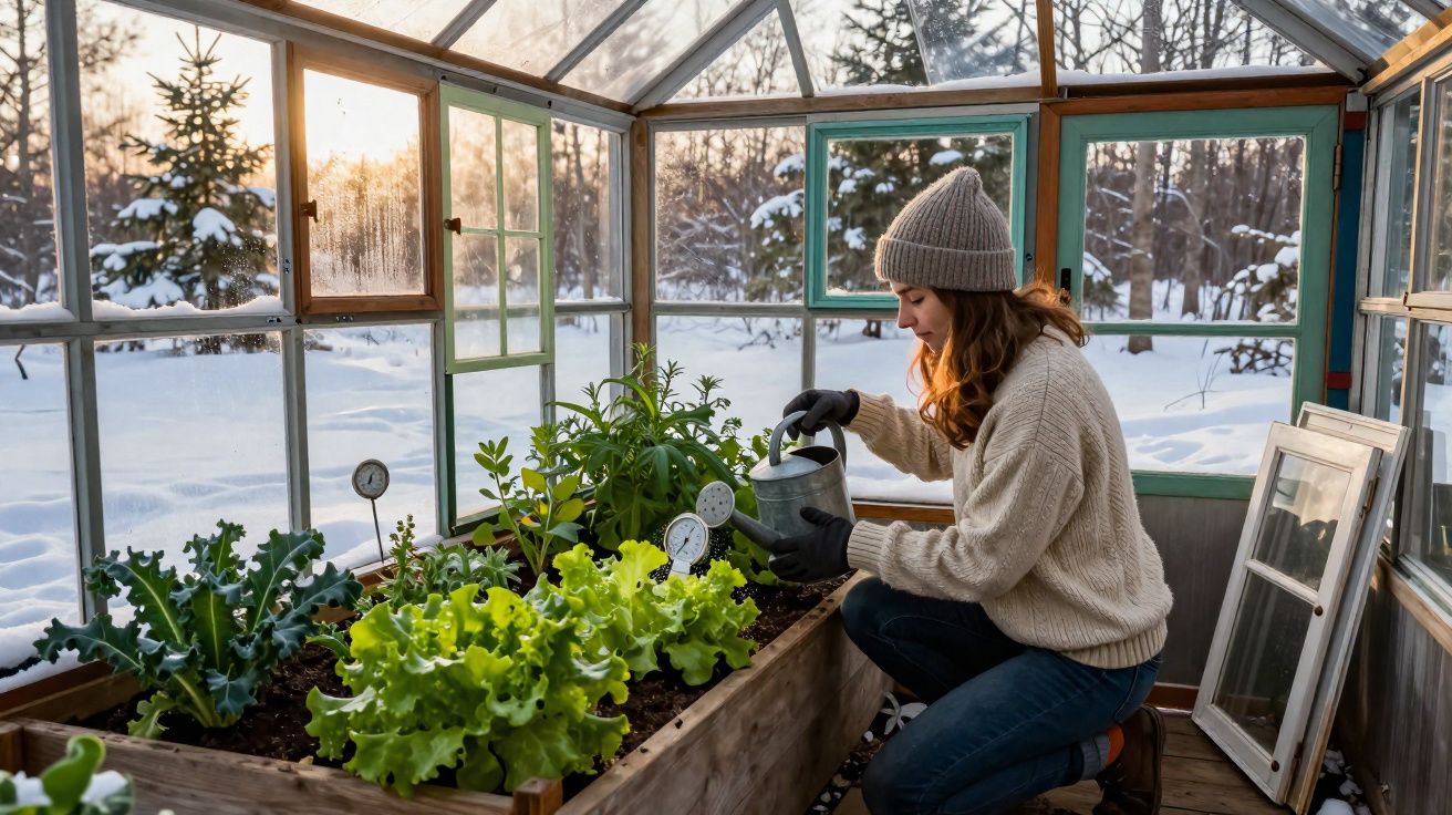 Femme arrosant des plantes dans une serre en hiver, vêtue d'un pull, bonnet et gants, paysage enneigé dehors.