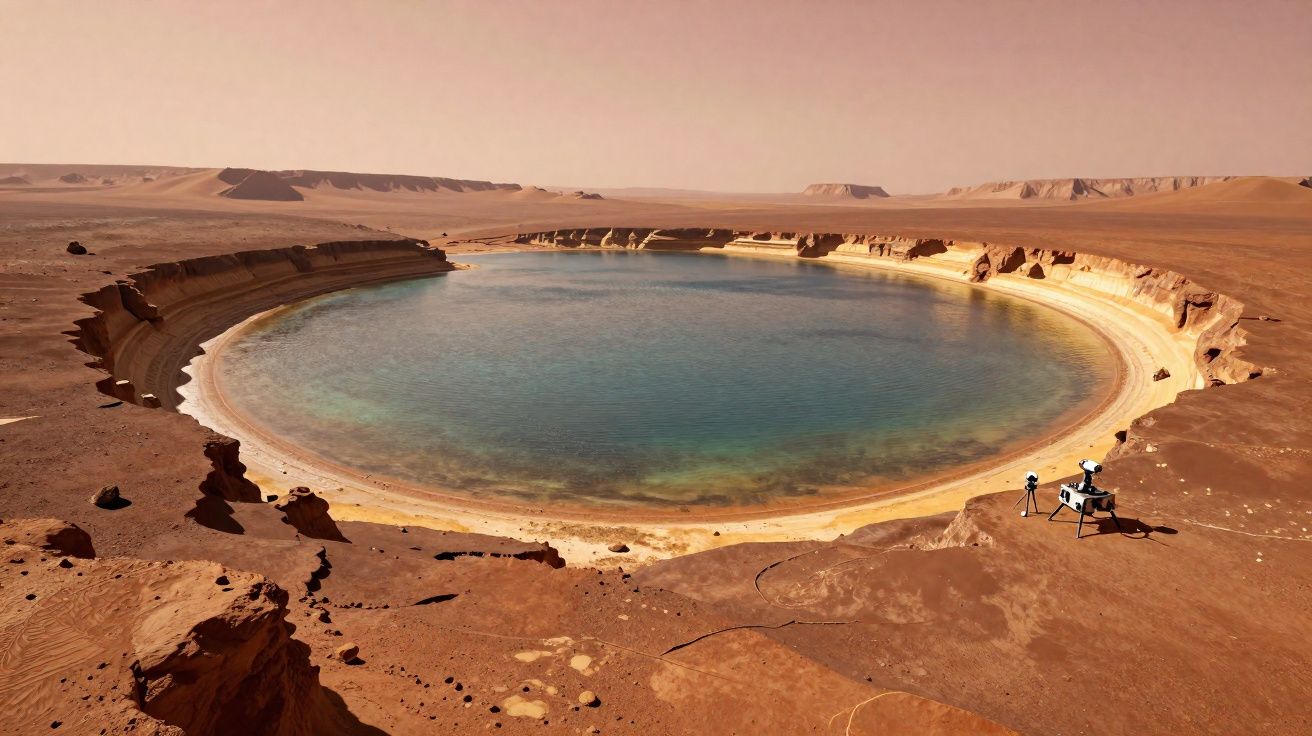 Lac circulaire aux eaux calmes dans un paysage désertique rougeâtre avec un petit drone posé au bord.