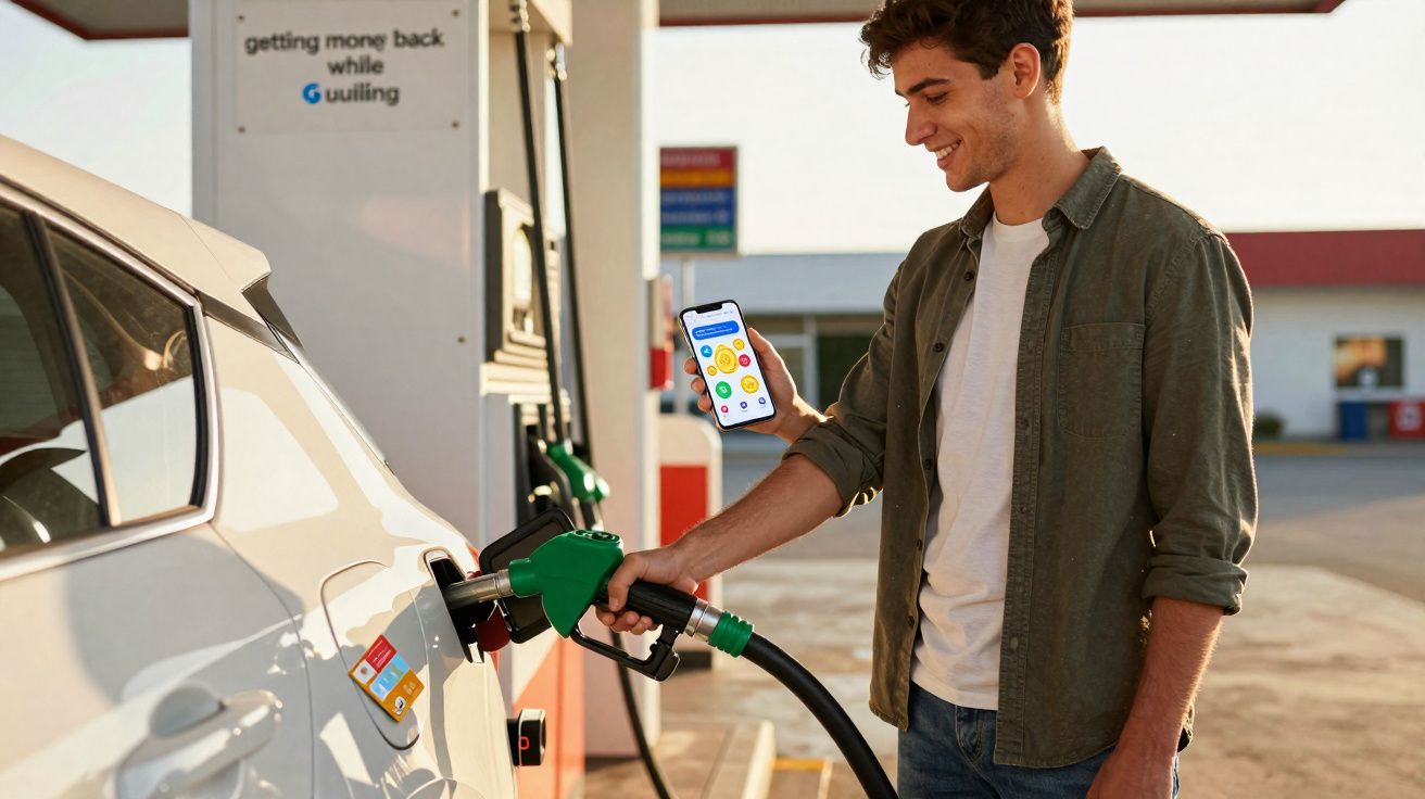 Homme souriant tenant un smartphone et faisant le plein d'essence à une station-service.