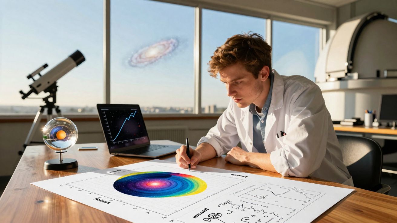 Jeune scientifique analysant des données astronomiques colorées dans un bureau avec un télescope et un ordinateur portable.
