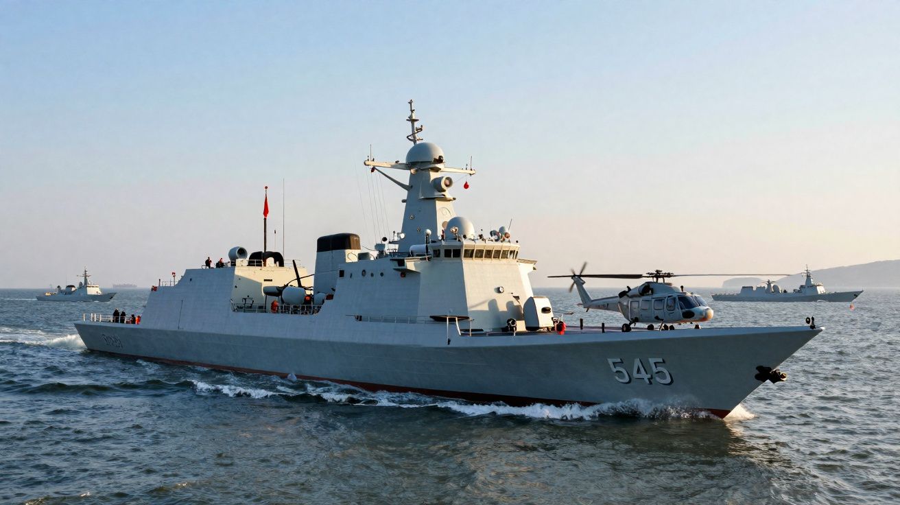 Corvette militaire grise numérotée 545 avec un hélicoptère sur le pont naviguant en mer calme.