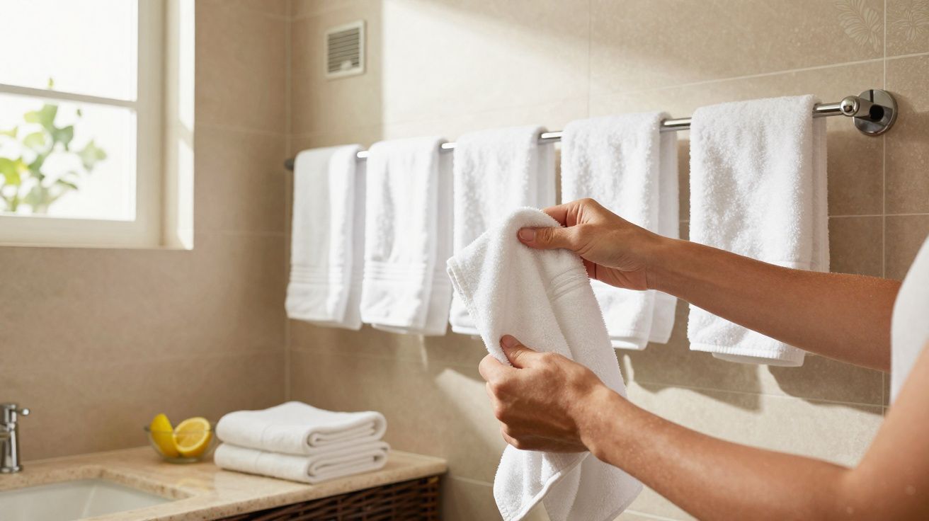 Personne pliant une serviette blanche dans une salle de bain claire avec des serviettes accrochées au mur.