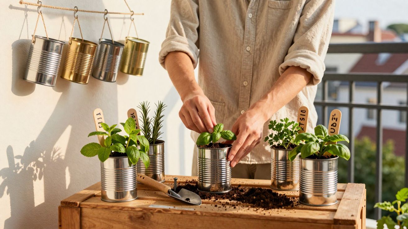 Personne plantant des herbes aromatiques dans des boîtes de conserve sur un balcon ensoleillé.