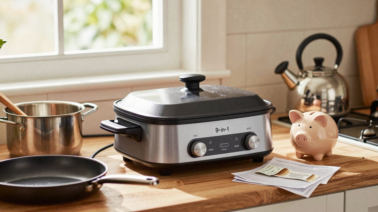 Appareil de cuisson multifonction 9 en 1 sur un plan de travail en bois avec poêle, casserole, bouilloire et tirelire cochon.