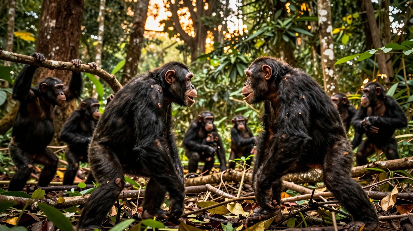 Groupe de chimpanzés en interaction dans une forêt dense avec feuillage au sol et arbres environnants.