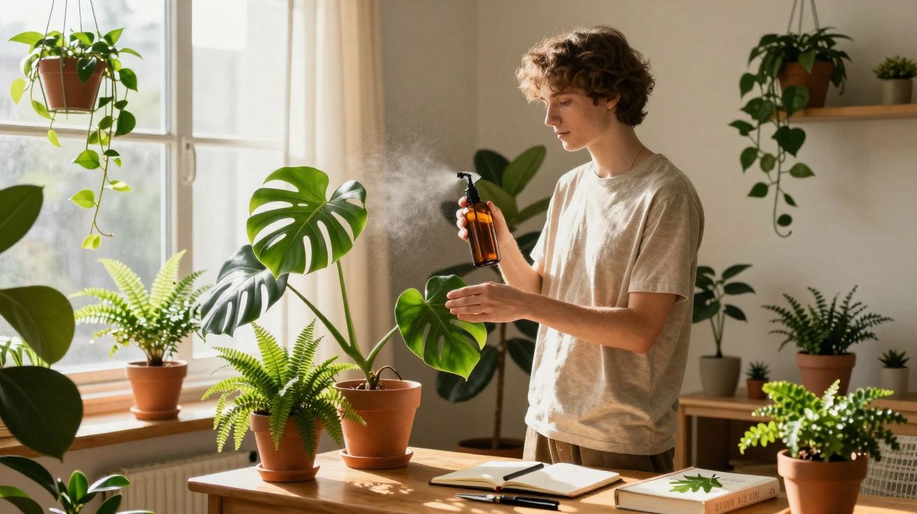 Jeune homme arrosant des plantes vertes d'intérieur avec un spray dans une pièce lumineuse.