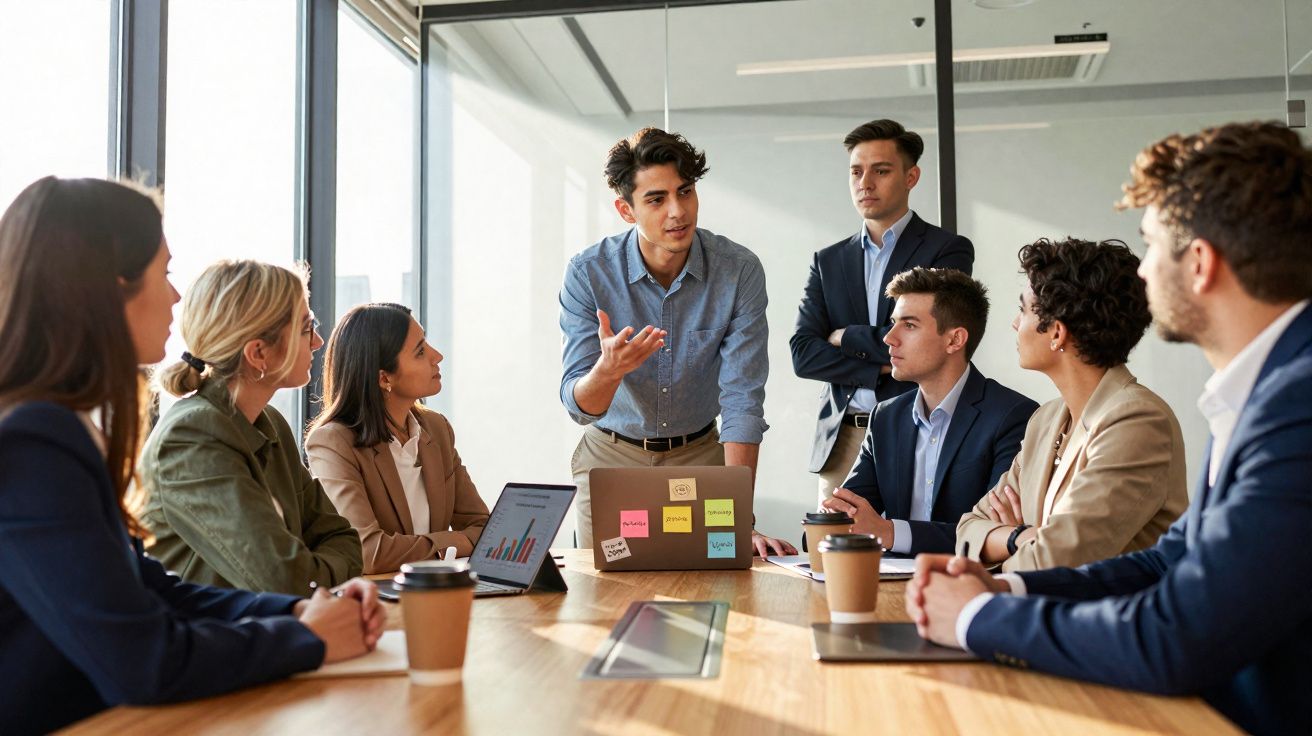 Un homme présente un projet à un groupe de six collègues réunis autour d’une table de conférence.
