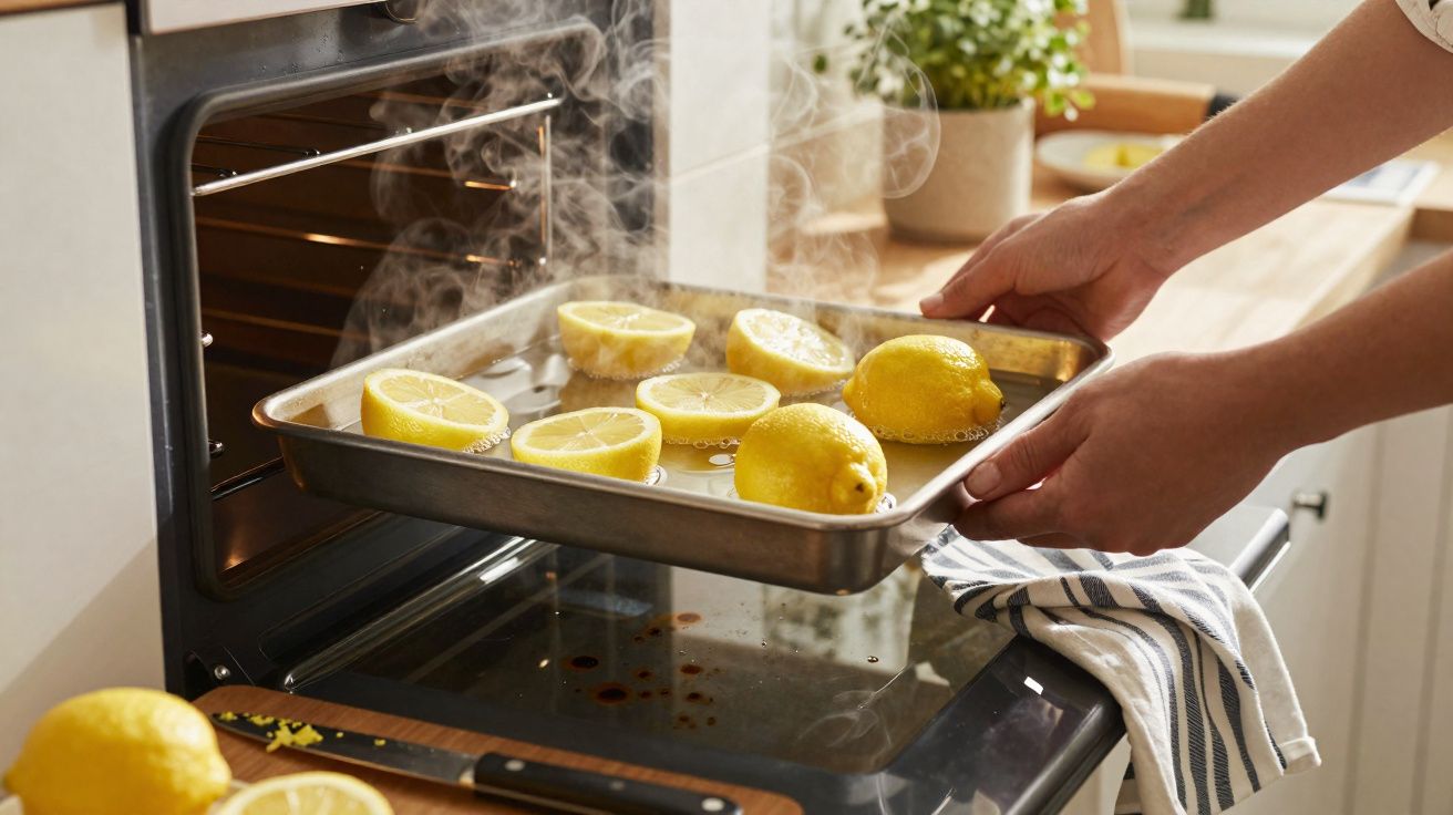 Personne mettant un plat avec des citrons coupés dans un four chaud, vapeur visible.