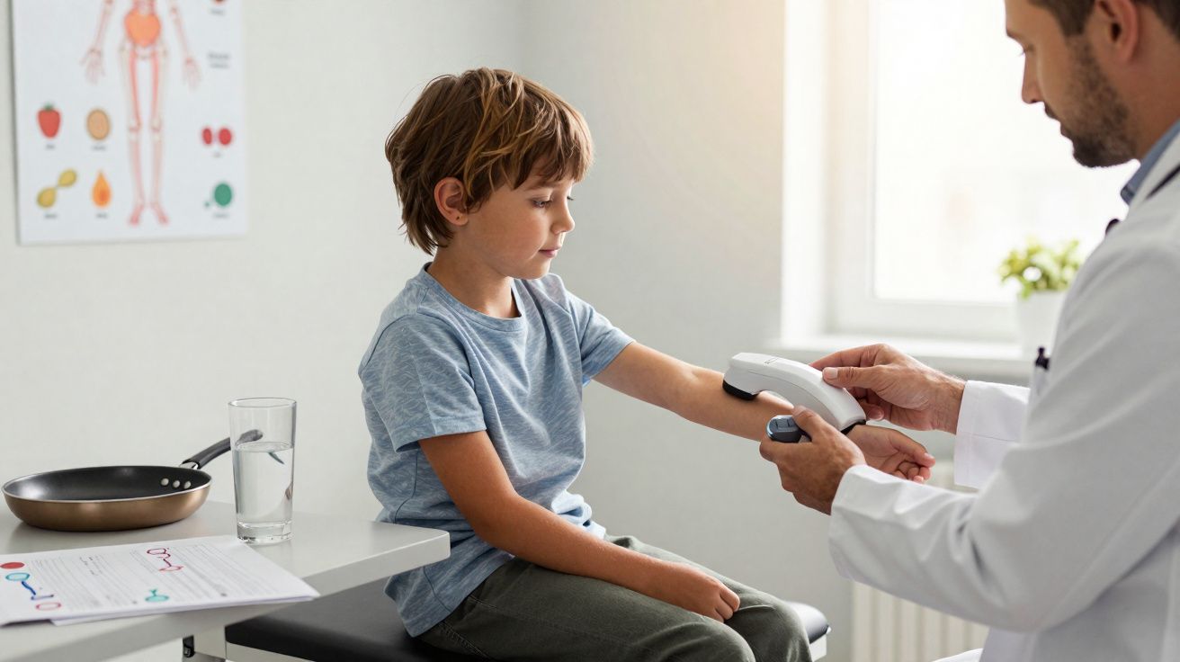 Un médecin utilise un oxymètre de pouls sur le doigt d’un enfant assis dans son cabinet médical.