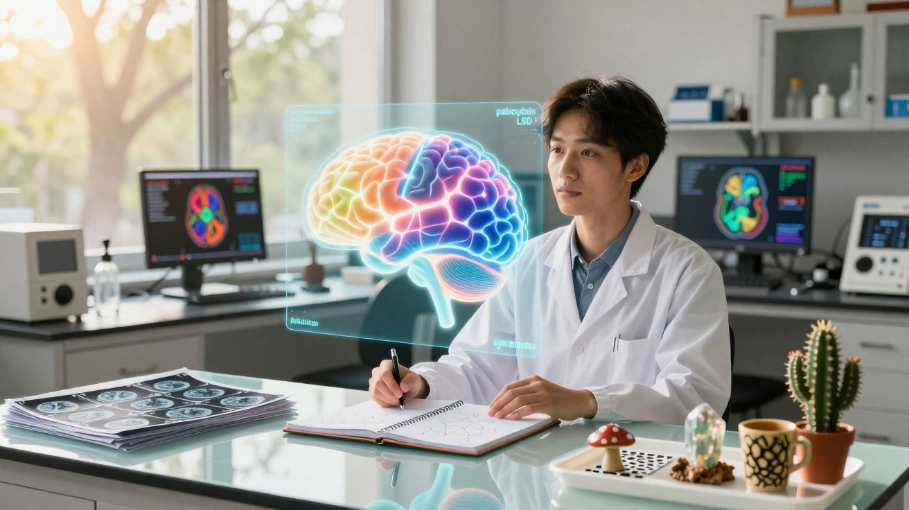 Chercheur en blouse blanche étudiant une projection holographique colorée du cerveau dans un laboratoire moderne.