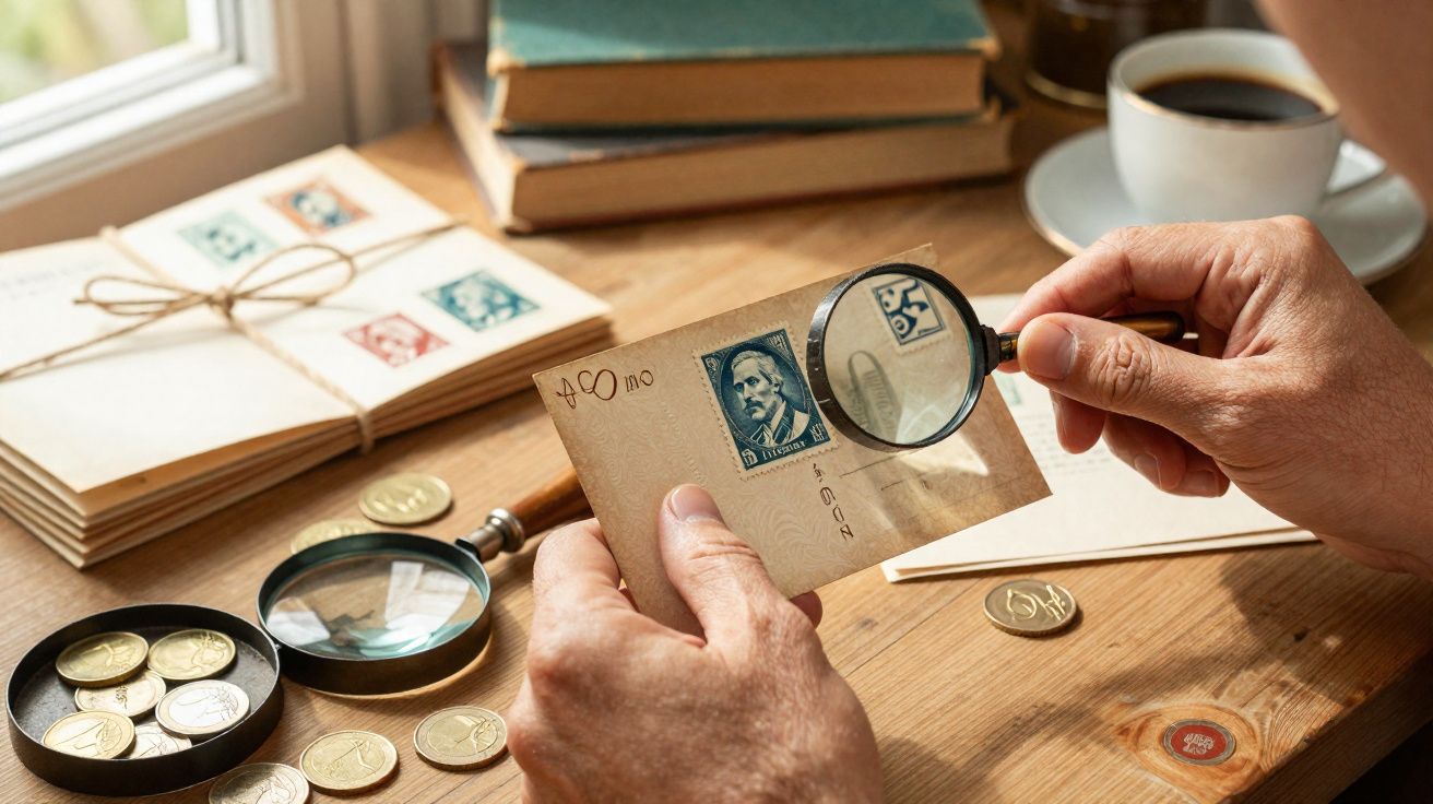 Mains tenant une loupe pour examiner un timbre bleu sur une lettre, pièces de monnaie et tasse de café sur une table en bois.