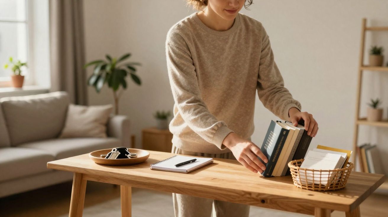 Personne en sweat beige rangeant des livres sur une table en bois dans un salon lumineux et épuré.