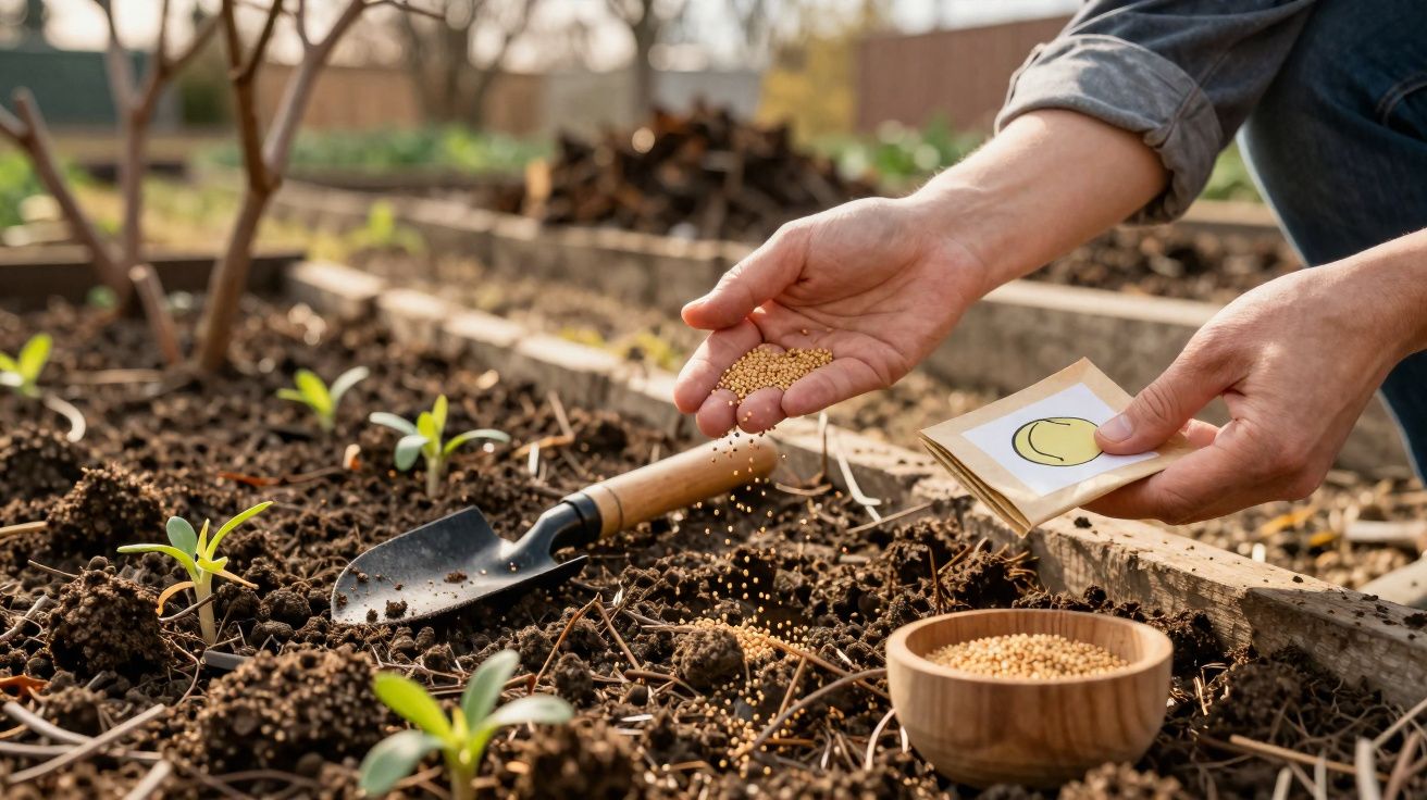 Mains semant des graines dans un carré potager avec une petite pelle et des jeunes plants verts.