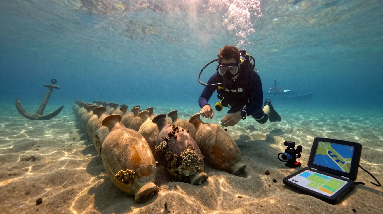 Plongeur explorant une collection d’amphores antiques sur le fond marin près d’un ordinateur de plongée.