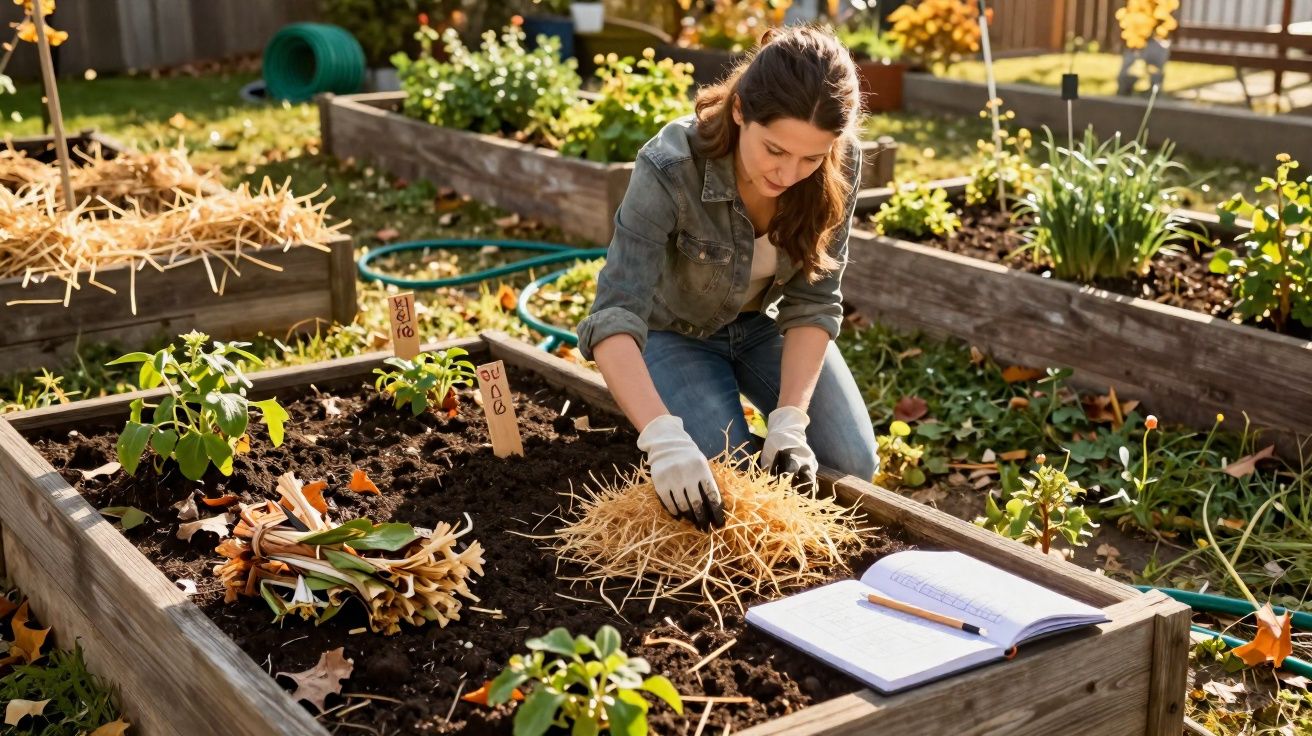 Femme jardinant dans un potager surélevé, recouvrant la terre de paillis au soleil d'automne.