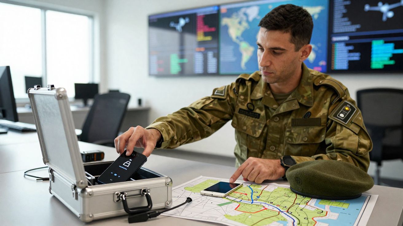Militaire en uniforme place un téléphone dans une mallette à côté d’une carte et d’un béret vert.