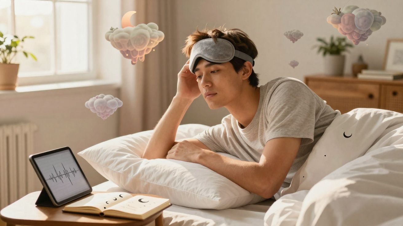 Jeune homme allongé dans son lit avec un masque de sommeil, regardant une tablette affichant un rythme cardiaque.