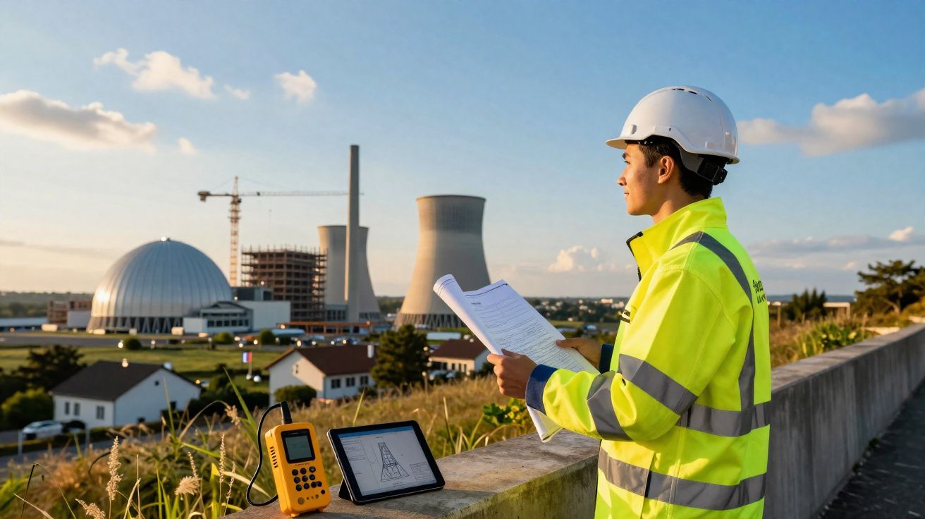 Ingénieur en haute visibilité avec casque blanc examine des documents devant une centrale électrique au coucher du soleil.