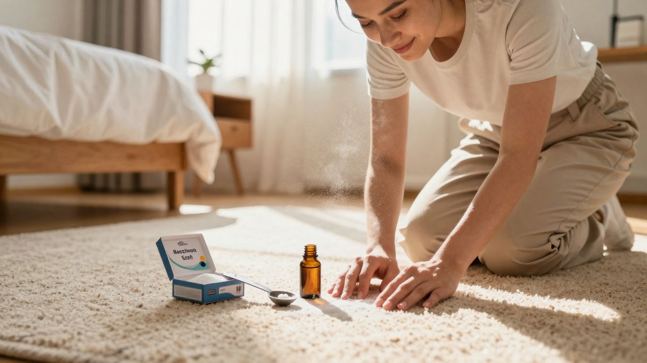 Femme souriante agenouillée sur un tapis clair, utilisant un bâton d'encens fumant dans une chambre lumineuse.