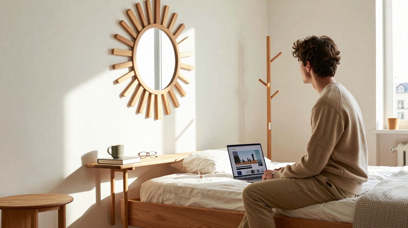 Jeune homme assis sur un lit avec un ordinateur portable dans une chambre lumineuse au décor minimaliste.