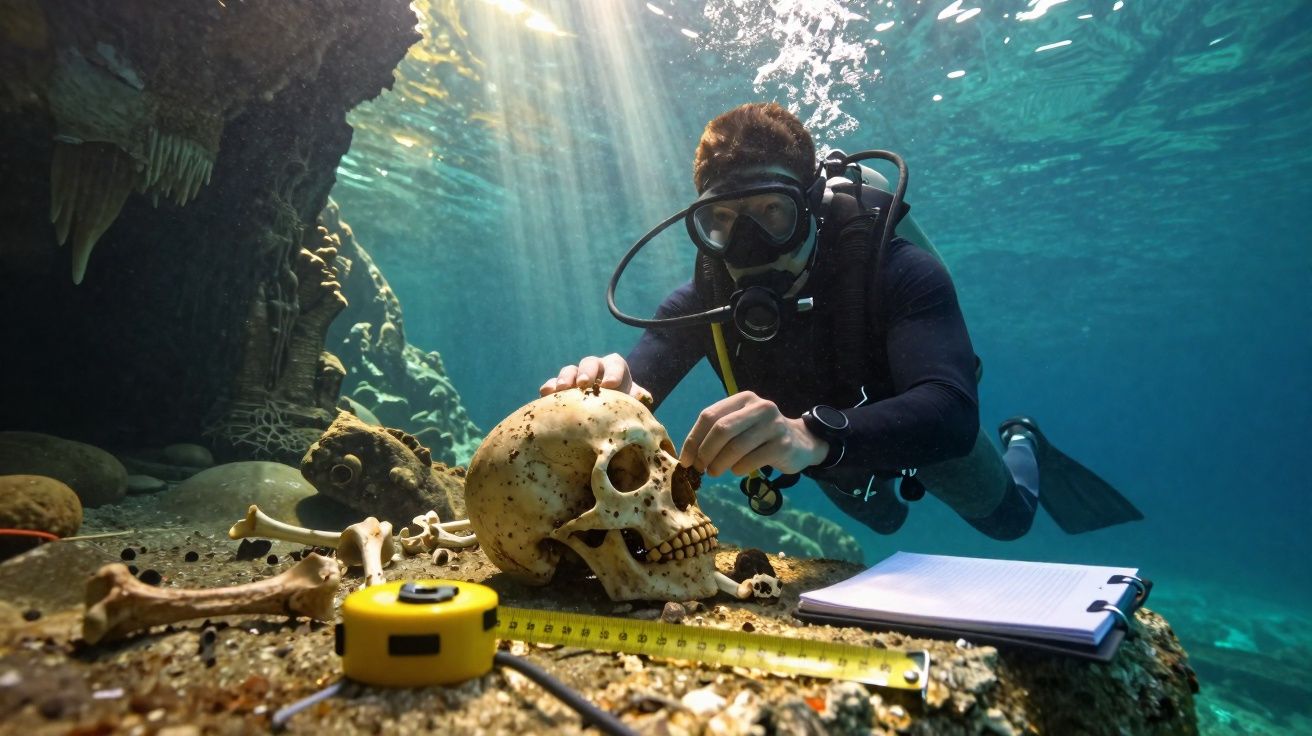 Plongeur équipé examine un crâne humain et des os près d'une épave sous-marine avec carnet et mètre ruban.