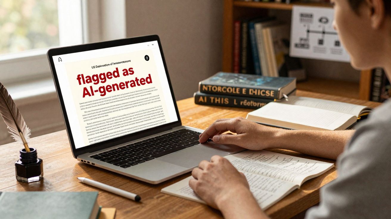 Personne travaillant sur un ordinateur portable affichant un texte marqué comme généré par intelligence artificielle.