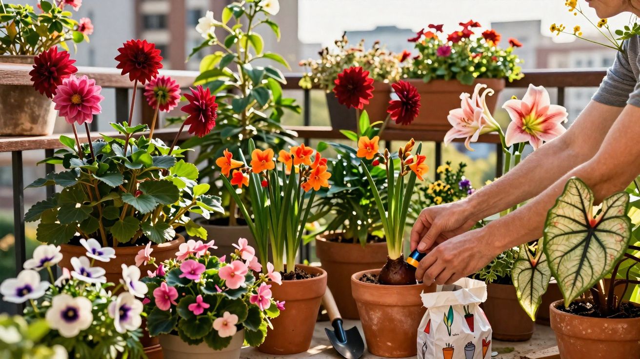 Une personne jardine des fleurs colorées en pot sur un balcon ensoleillé urbain.
