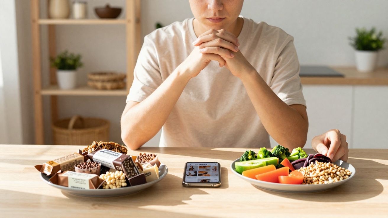 Personne hésitant entre une assiette de friandises et une assiette de légumes sains, smartphone au centre.