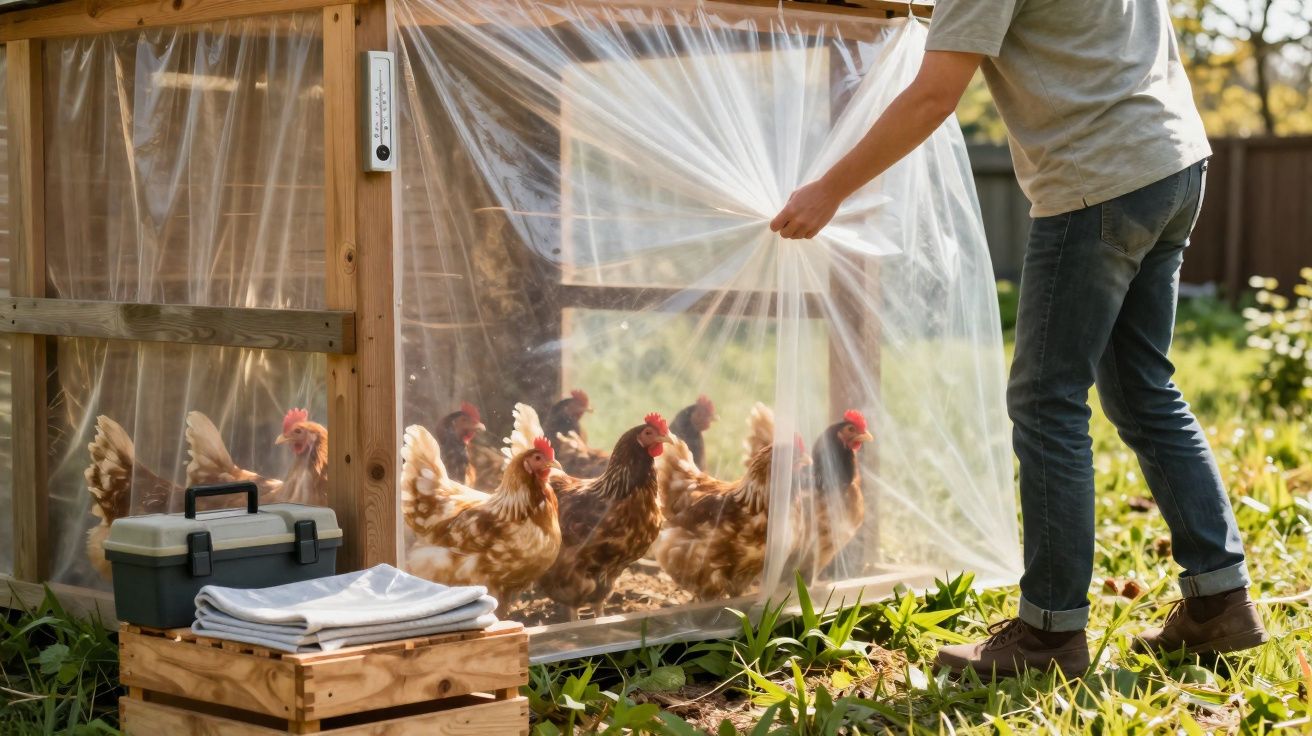 Personne ouvrant un filet transparent d'un poulailler avec plusieurs poules à l'intérieur en plein jardin.