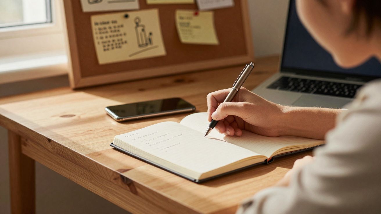 Personne écrivant dans un carnet posé sur un bureau en bois avec un smartphone et un ordinateur portable.
