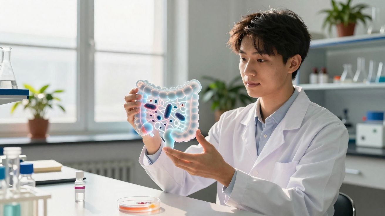 Jeune chercheur en blouse blanche étudiant une représentation holographique du microbiote intestinal en laboratoire.