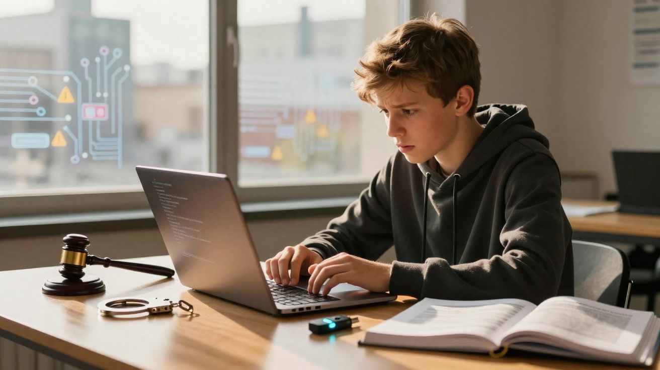 Adolescent concentré travaillant sur un ordinateur portable, avec un marteau de juge, des menottes et un livre ouvert sur un 