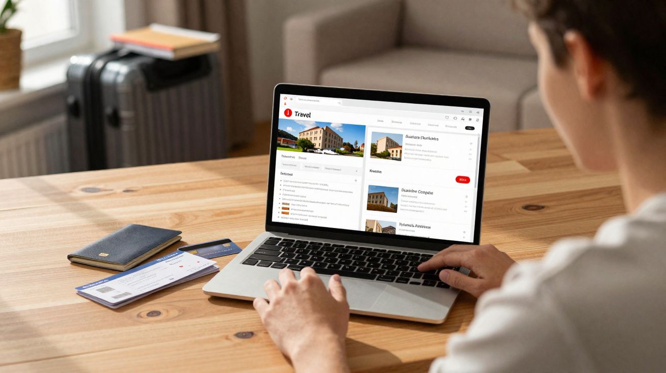 Personne utilisant un ordinateur portable pour chercher des hébergements de voyage, avec passeport et billets sur la table.