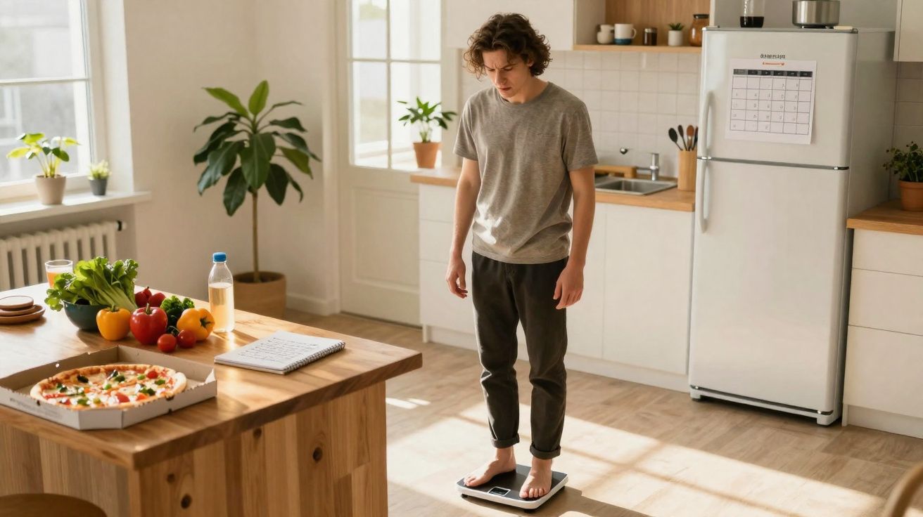 Jeune homme pieds nus sur une balance dans une cuisine lumineuse avec une pizza et des légumes sur la table.