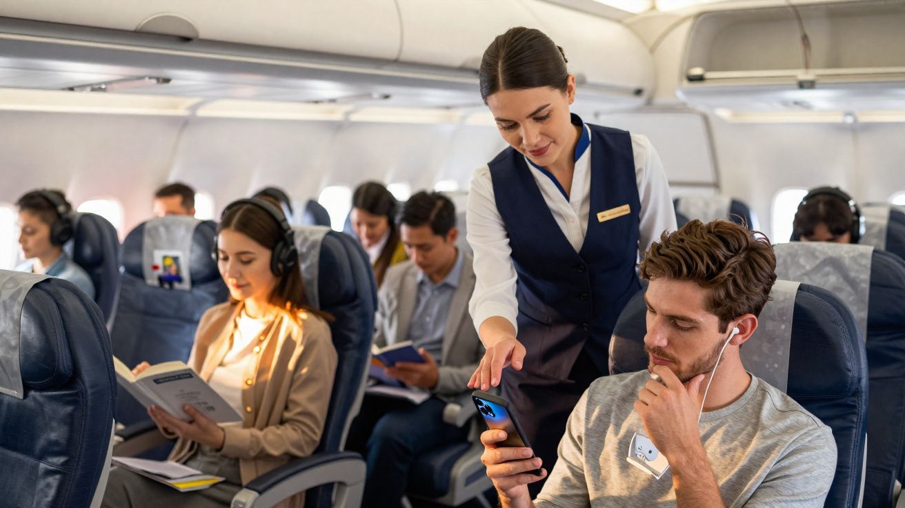 Hôtesse de l’air assistante un passager assis dans un avion, autres passagers lisant ou écoutant avec casque.