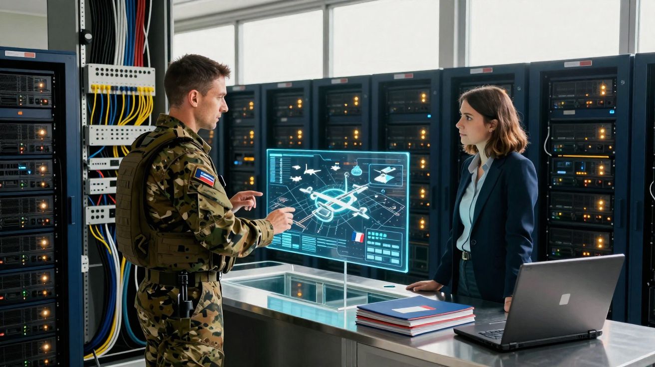 Un militaire et une femme en bureau high-tech consultent un écran holographique affichant un drone et des données.