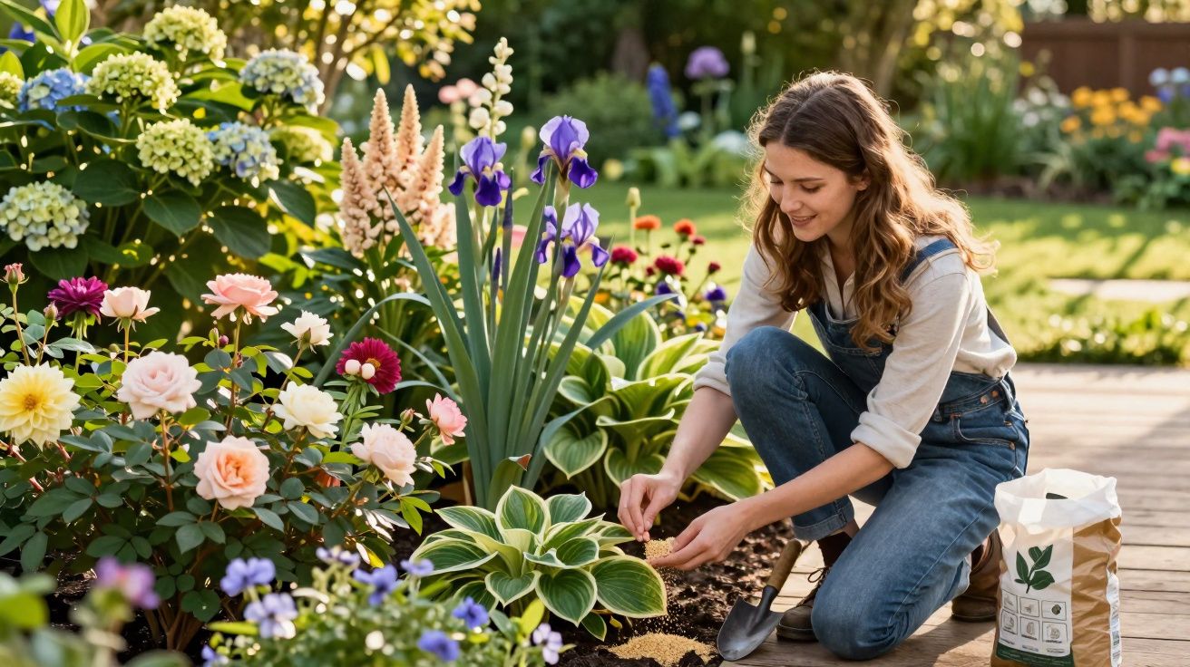 Jeune femme en salopette plantant des graines dans un jardin fleuri coloré par une journée ensoleillée.