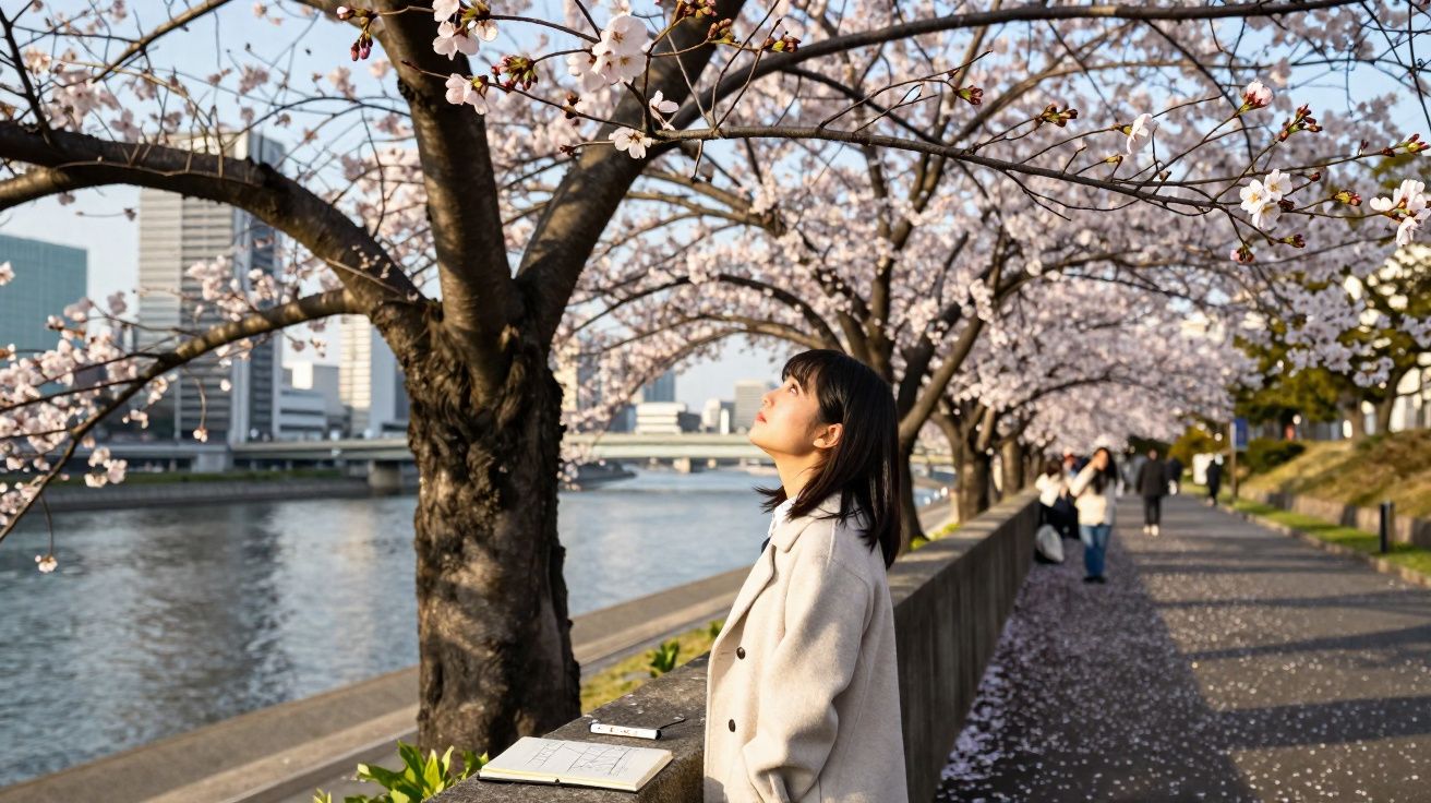 Jeune femme regardant les fleurs de cerisier en bord de rivière lors d'une journée ensoleillée au printemps.