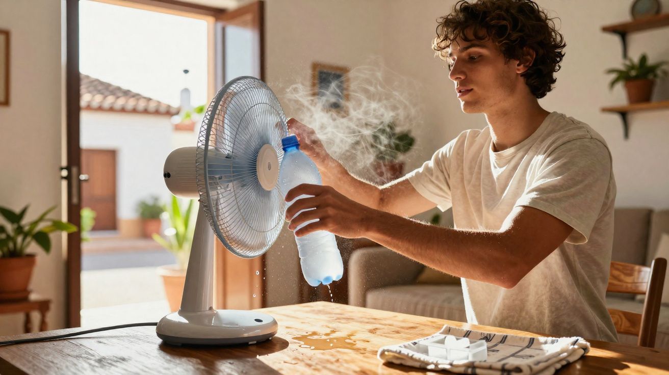 Jeune homme vaporisant de l'eau sur un ventilateur sur une table en bois dans un salon lumineux.
