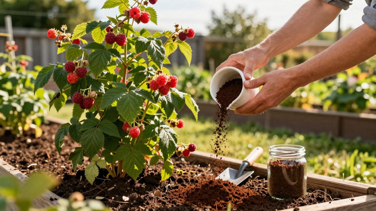 Mains versant du compost près d'un framboisier en pleine croissance dans un jardin ensoleillé.