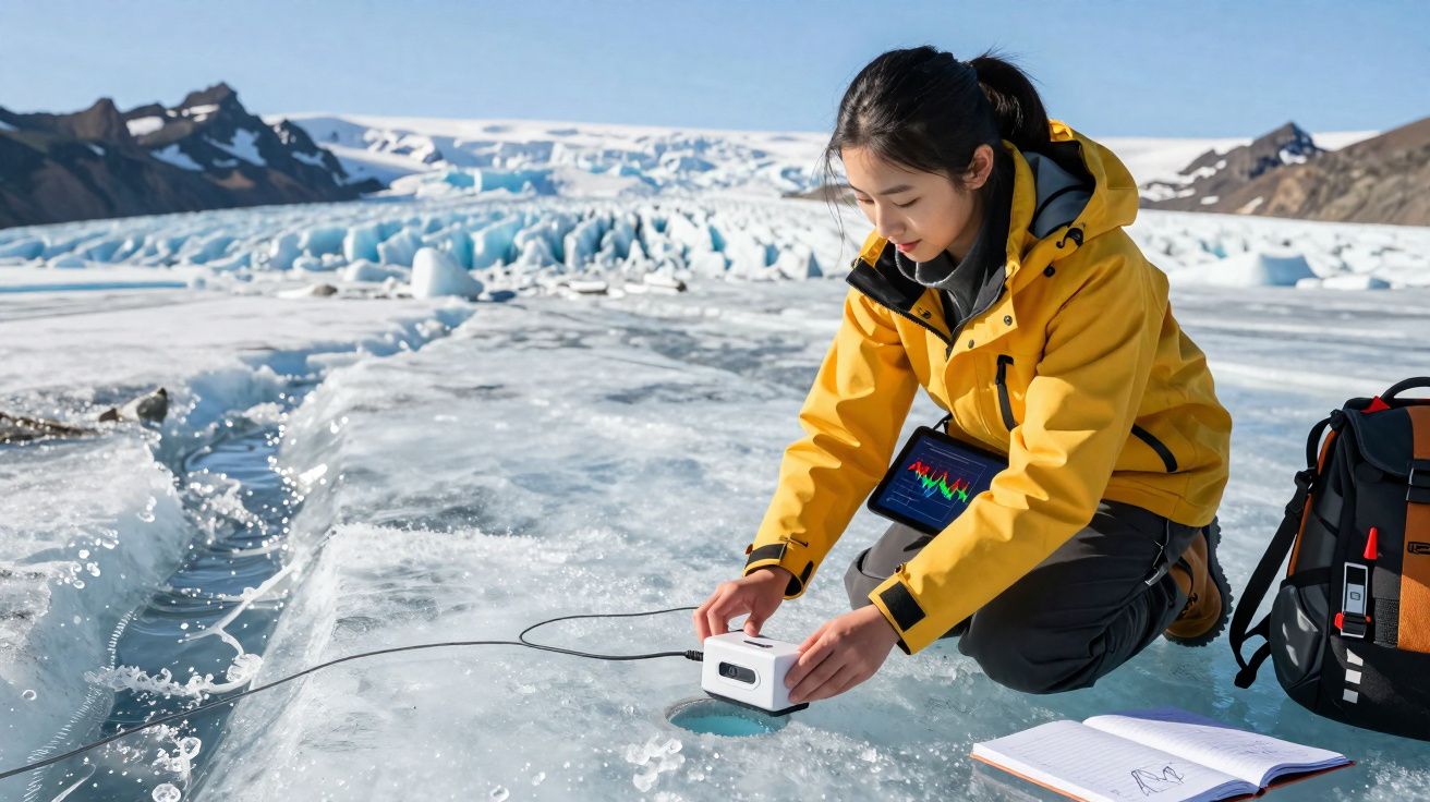 Jeune femme en veste jaune prenant des mesures scientifiques sur un glacier, carnet et sac à dos à côté.